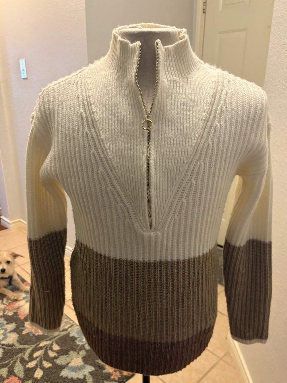 Talbots Cream and Brown Colorblock Zip-Front V-Neck Sweater